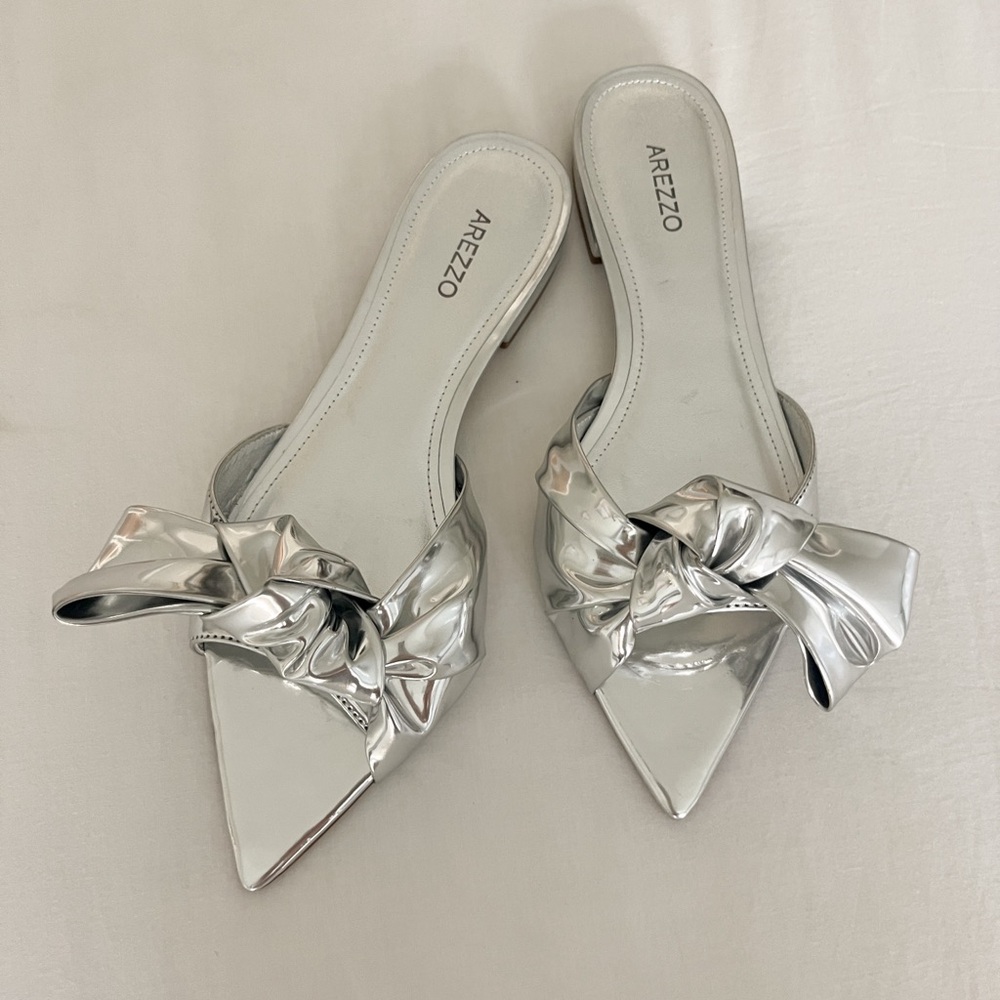 Arezzo Silver Pointed Mules, Bow Detail, Size 37